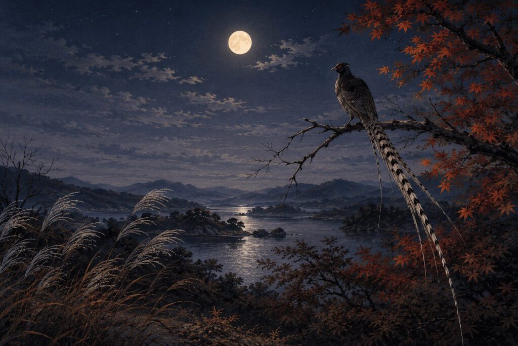 「あしびきの 山鳥の尾の しだり尾の」の長い秋の夜と山鳥をイメージしたイラスト