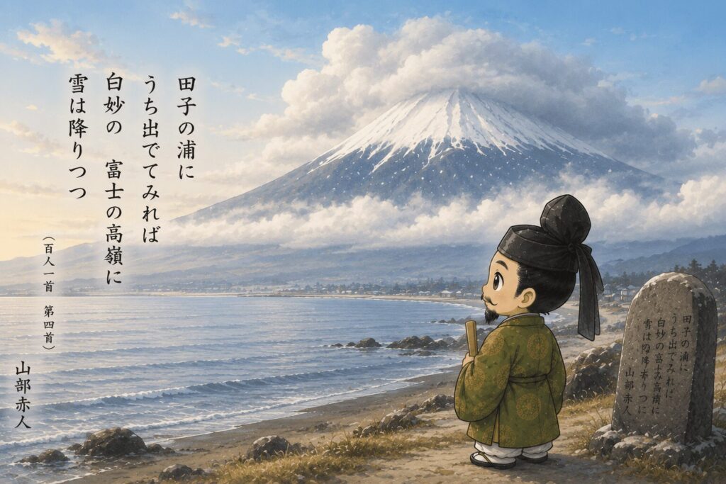 「田子の浦に うち出でてみれば 白妙の」の田子の浦から望む雪の富士山をイメージしたイラスト