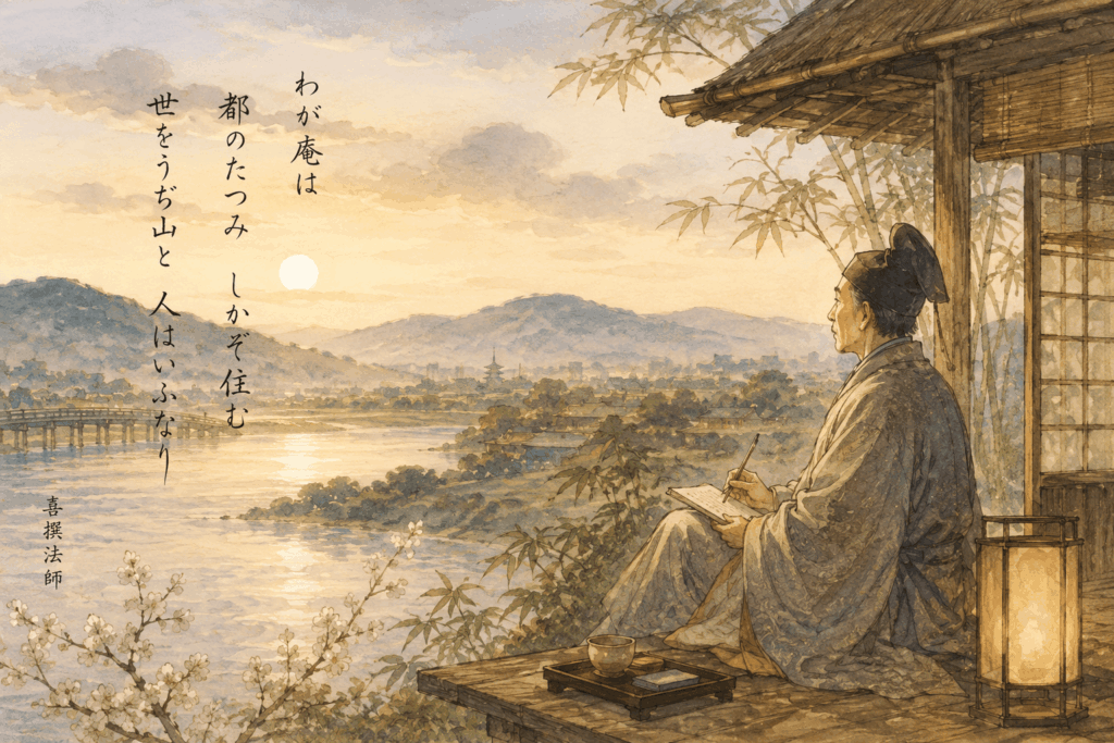 宇治山の庵から都の方角を眺める喜撰法師を描いた百人一首第8首のイメージイラスト