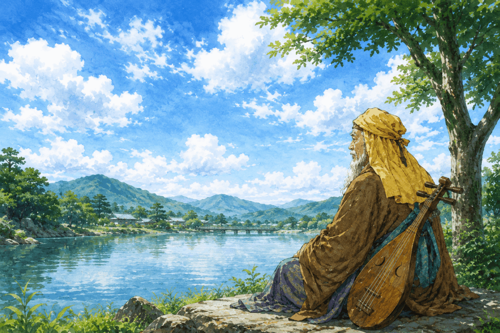 百人一首第10首「これやこの」の世界を表現した蝉丸と近江の風景