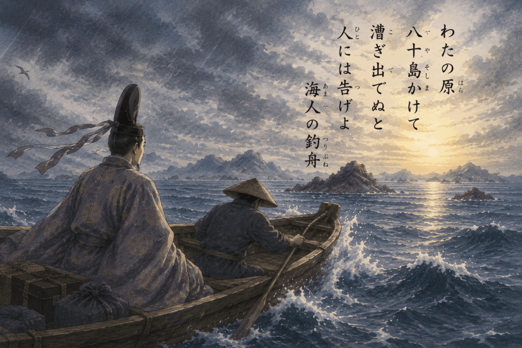 隠岐へ流される参議篁が船頭とともに荒れる海を船で進む「わたの原」の情景イラスト