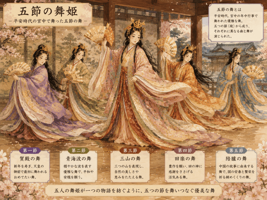 五節の舞姫が平安時代の宮中で華やかな装束をまとい、扇を手に優雅に舞う様子を描いたイラスト