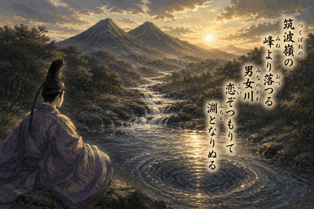 筑波山の峰から流れる男女川が深い淵となる様子に、陽成院の積もる恋心を重ねた百人一首第13首のイメージ
