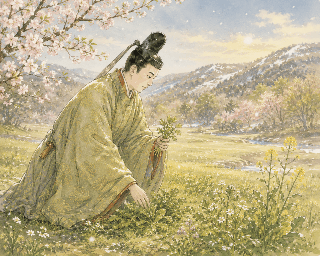 百人一首第15首『君がため』をイメージした、早春の野で雪がちらつく中、若菜を摘む光孝天皇のイラスト