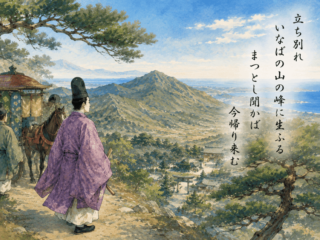 百人一首第16首「立ち別れ」の情景を描いた在原行平と因幡の山・松のイメージイラスト