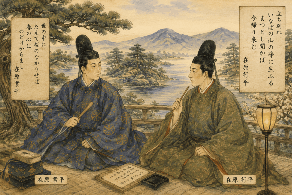 百人一首第16首「立ち別れ」の情景を描いた在原行平と因幡の山・松のイメージイラスト