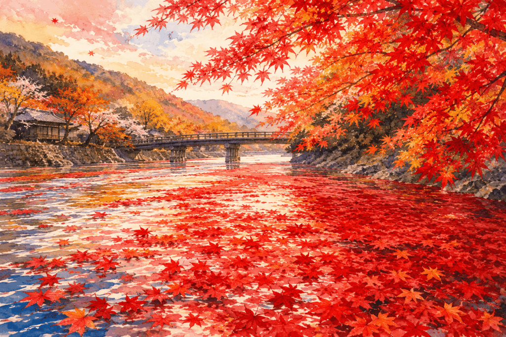 在原業平朝臣の「ちはやぶる」をイメージした、真紅の紅葉が竜田川の水面を染める秋景色の水彩画