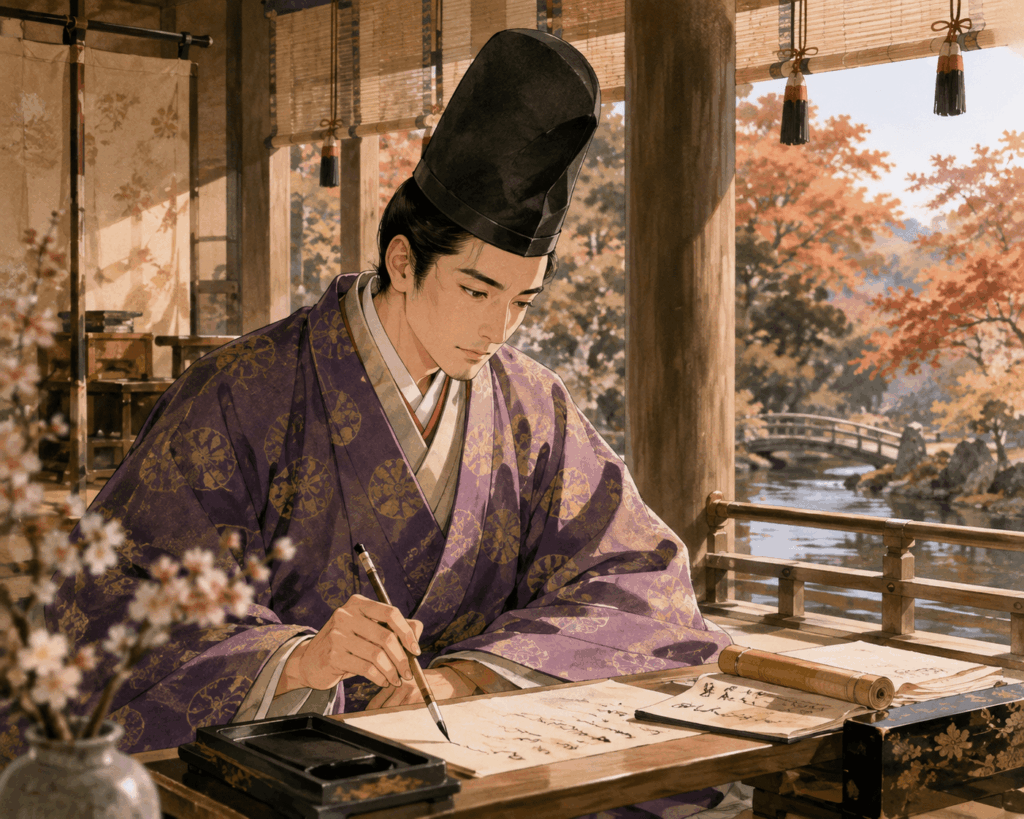 百人一首第17首の歌人・在原業平朝臣を描いた平安時代の貴族姿のイラスト