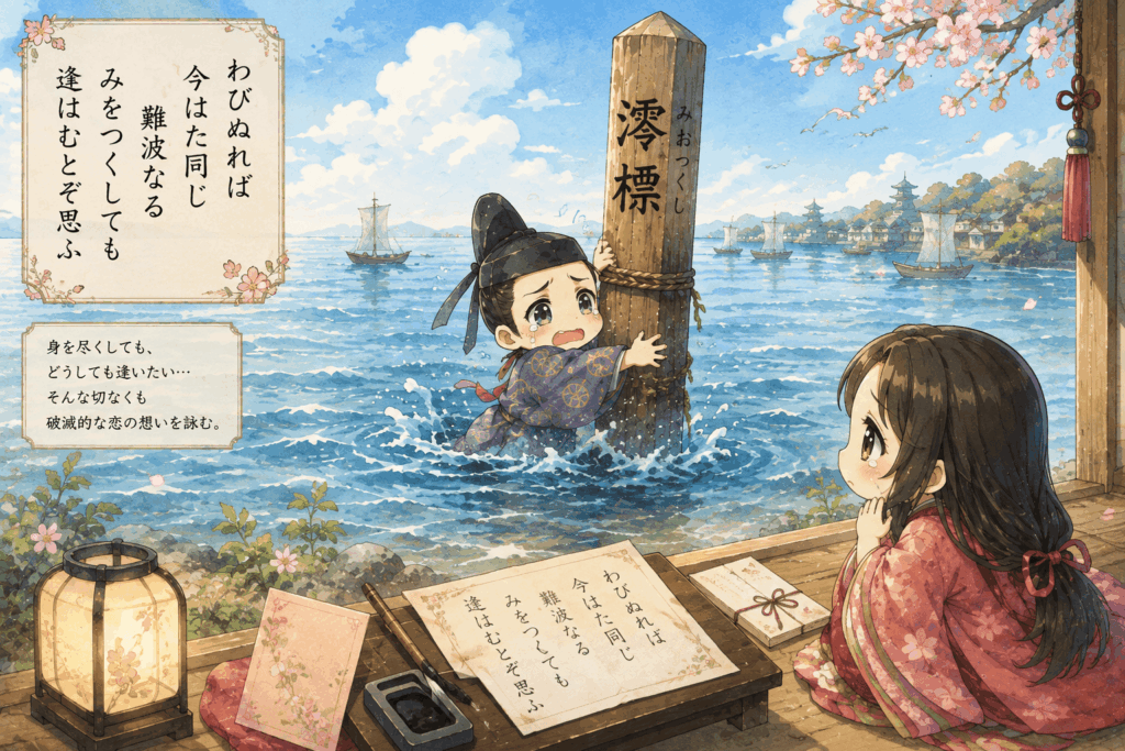 難波の海と澪標を背景に、身を尽くしても恋人に逢いたいと願う元良親王を描いた百人一首第20首のイメージイラスト